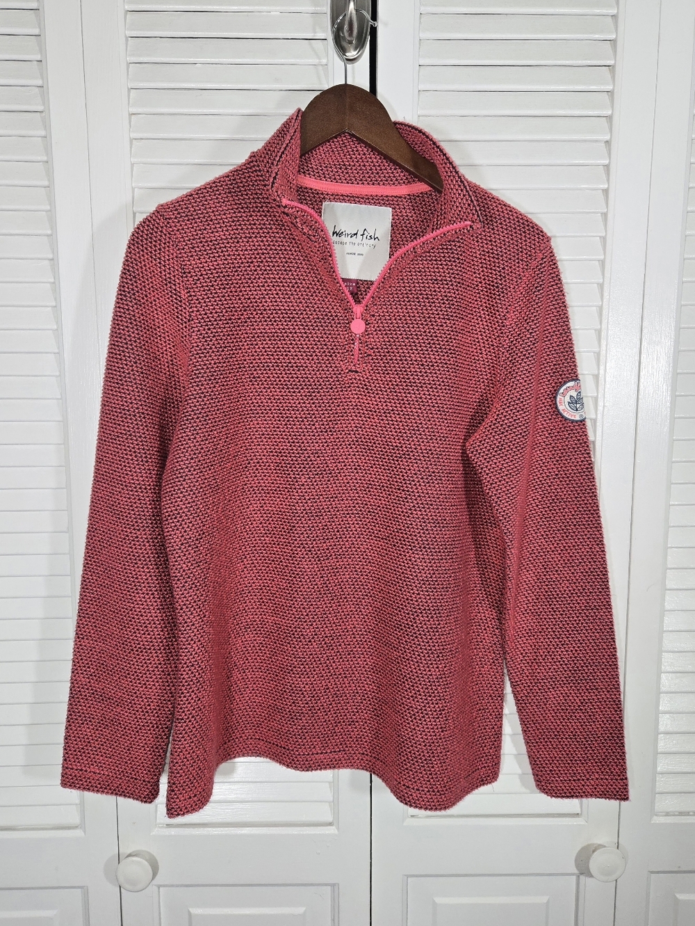 Weird Fish Beye 1/4 Zip Grid Relaxed Fit High Neck Fleece Fabric Sweater Sz 12